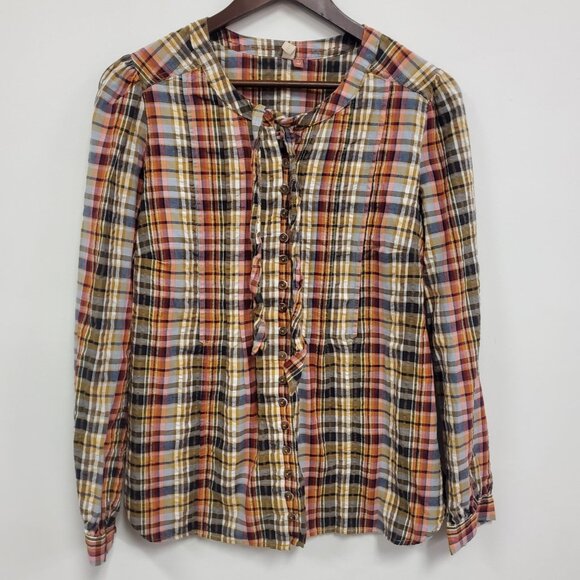 Pilcro Anthropologie Plaid Long Sleeve Fall Button Up Top Size L Country Ruffle - Picture 1 of 10